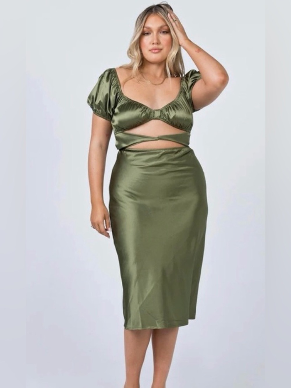 Princess Polly Olive Satin Midi Dress with Cutout